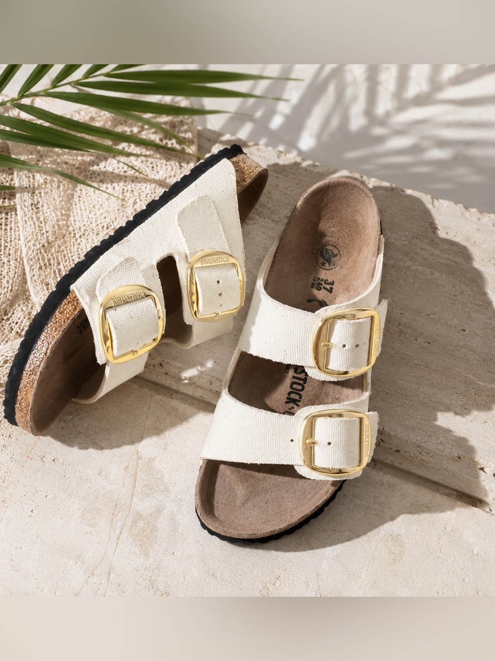 Birkenstock Arizona Big Buckle Canvas Sandals Cream Gold Buckle EU 37 Narrow